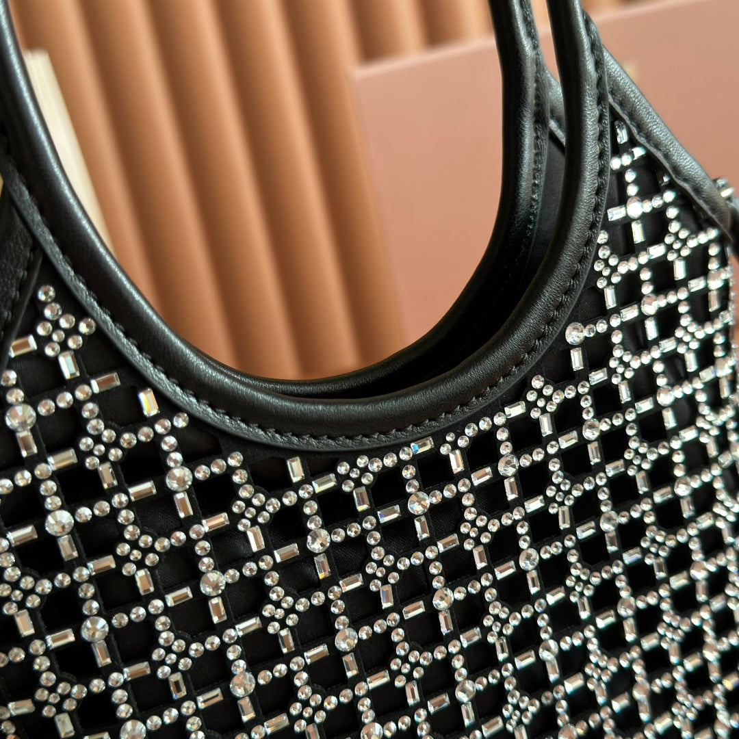 MIUMIU 26S CRYSTAL TOTE 24 BAG IN BLACK CALFSKIN