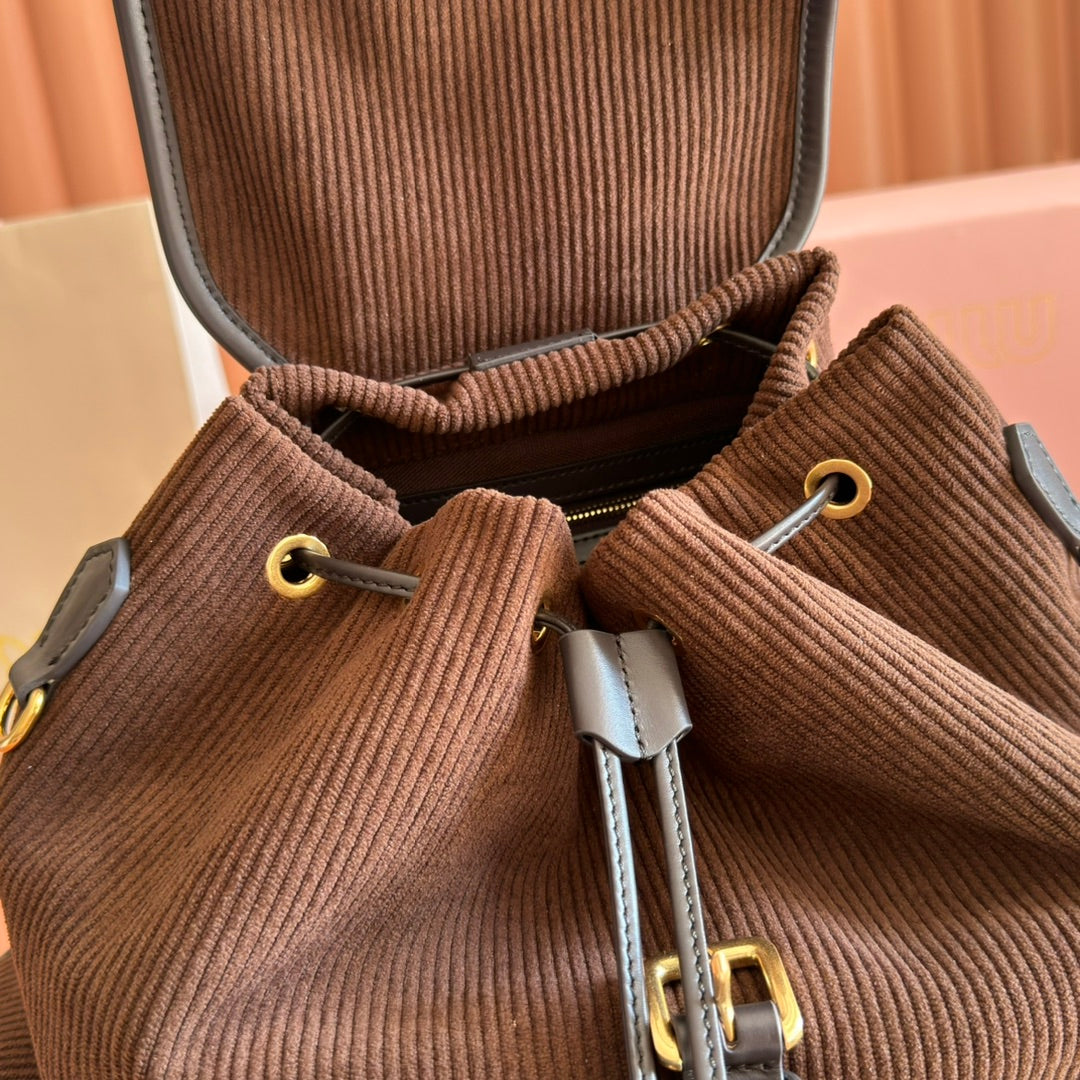 MIUMIU 26S MEDIUM BACKPACK 29 IN CHOCOLATE BROWN CANVAS BLACK CALFSKIN