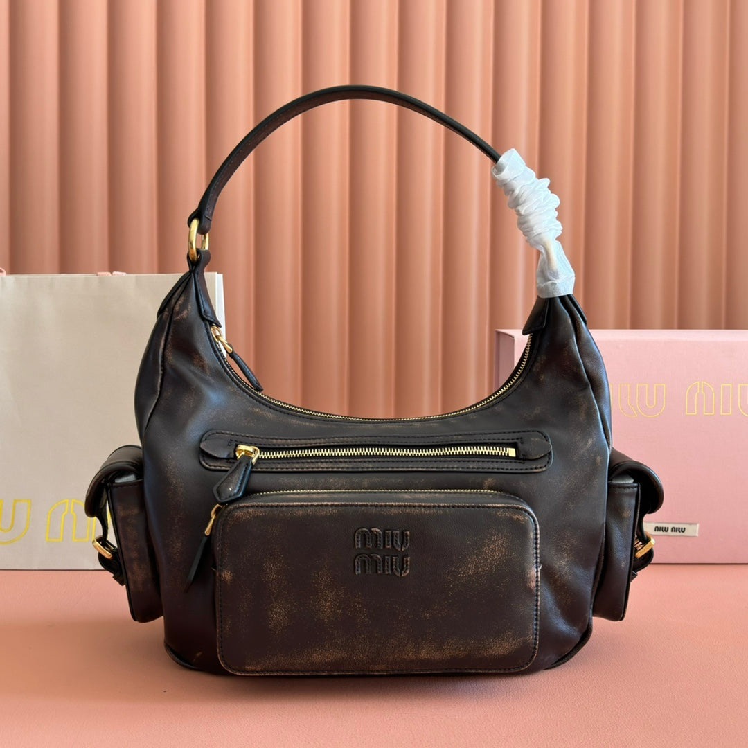 MIUMIU 26S POCKET BAG 38 IN BLACK CALFSKIN GOLD HARDWARE