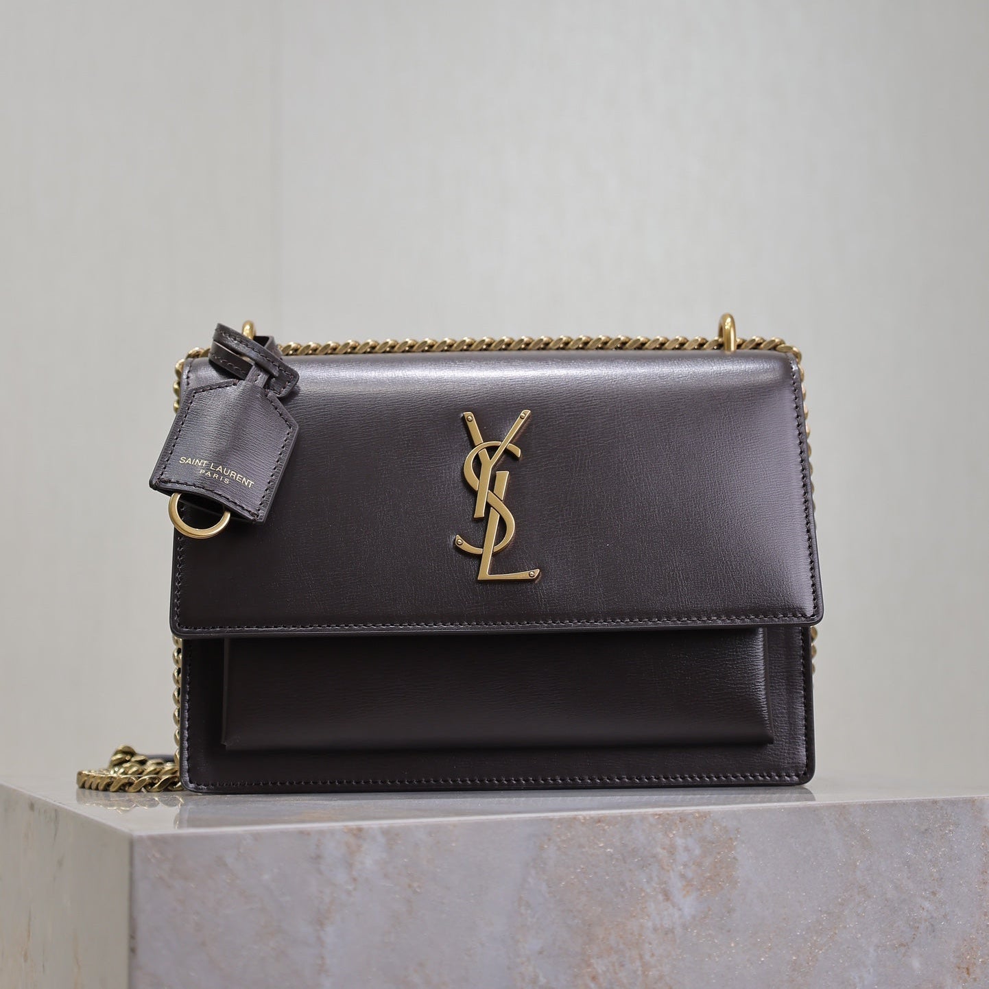 YSL 25S SUNSET BAG 22 IN COFEE BROWN CALFSKIN GOLD HARDWRE